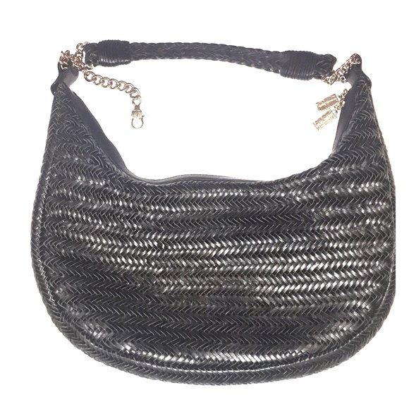 DONALD J. PLINER black leather woven &chain detail